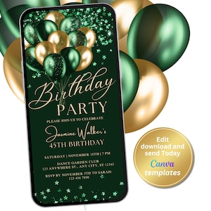 Digitale Emerald Green en Gold Birthday Party uitnodiging, tekst uitnodigen, verjaardagsfeestje, digitale uitnodiging, bewerkbare sjabloon, Instant Download