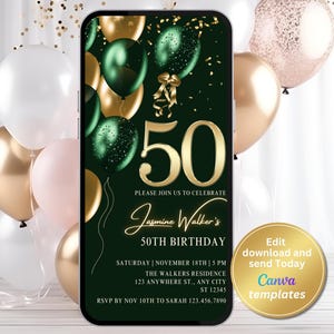 Digitale Einladung zur 50. Geburtstag für Frauen, Smaragdgrün Gold, Textnachricht, digitale Einladung, bearbeitbare Vorlage, Sofort Download