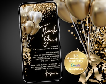 Digital Birthday Thank You Card, Black and Gold Balloons Thank You Template, Phone, Text Message, Editable Template, Instant Download