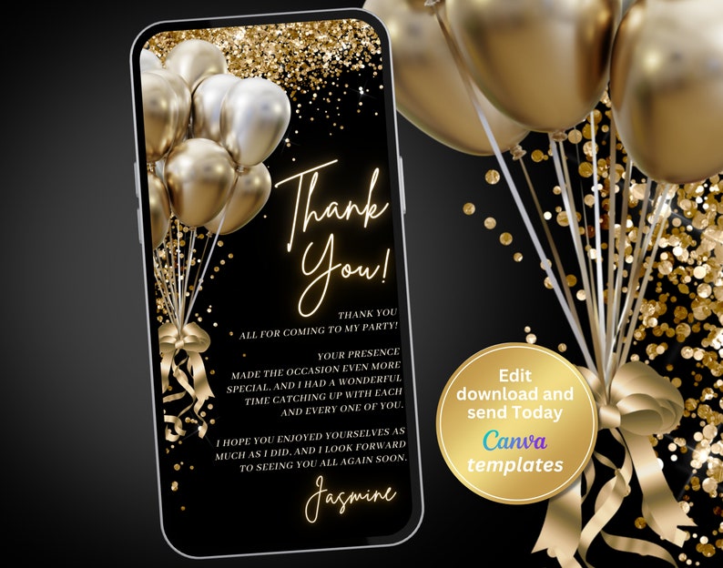 Black and Gold Balloons Birthday Thank You Card, Editable Template ...