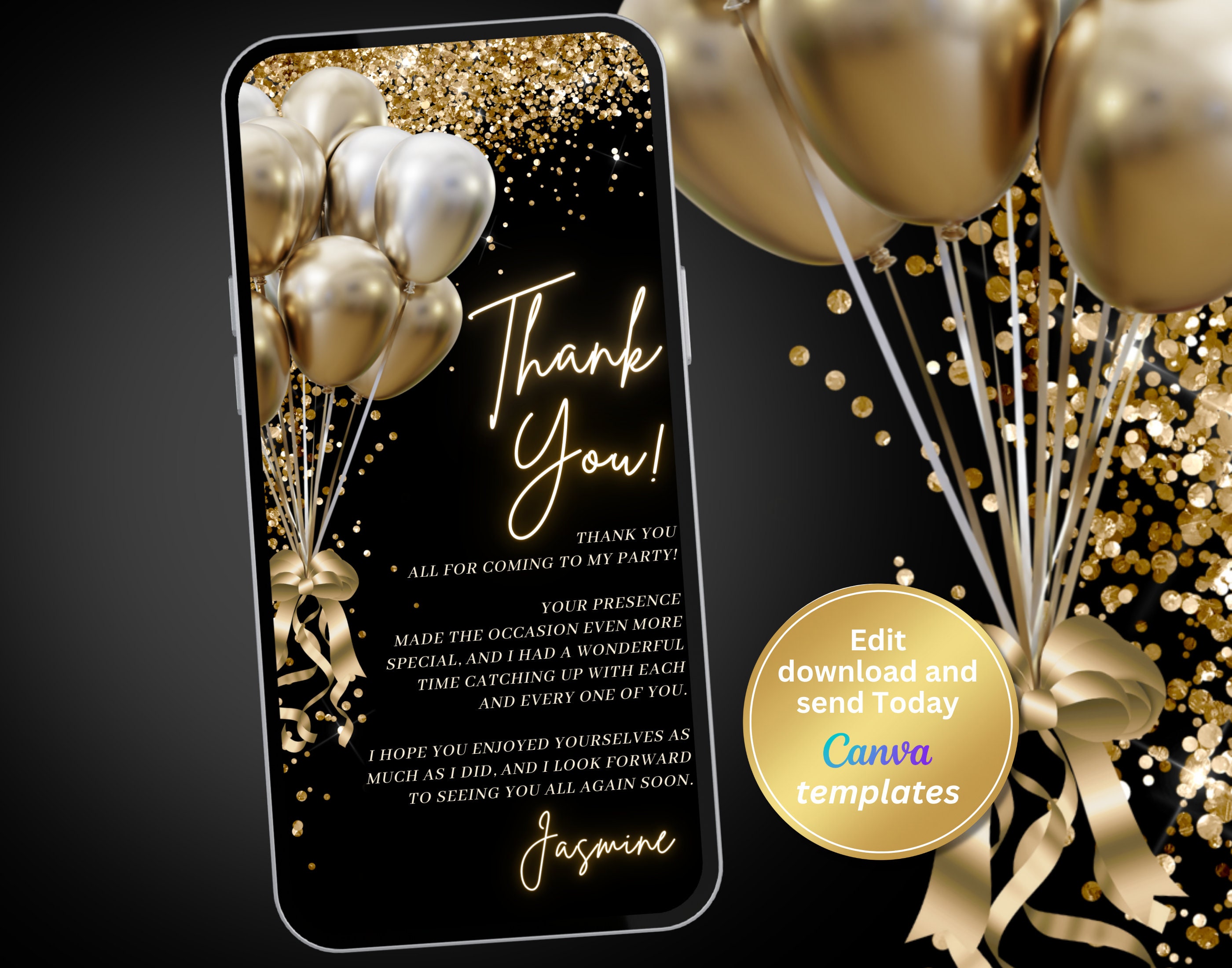 Black and Gold Balloons Birthday Thank You Card, Editable Template ...