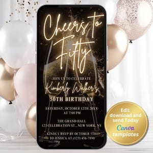 Digital 50th Birthday Party Invite - Cheers to Fifty invite - Editable 50th Birthday Canva Template, 50th Invitation, Instant Download