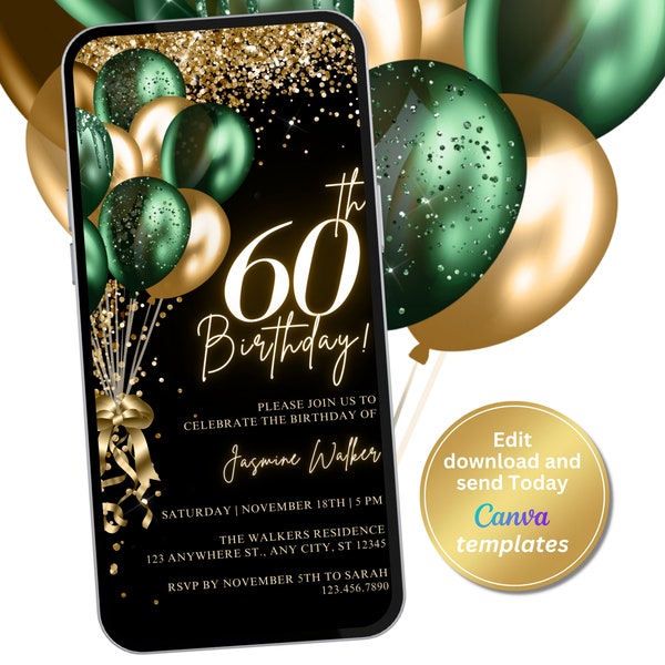 Emerald Green and Gold 60th Birthday Party Invite | Digital Phone Text Message Evite | Editable Template, Instant Download