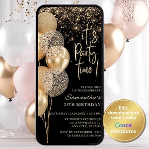 Invitación digital a fiesta de cumpleaños en dorado y negro, invitación para teléfono móvil, plantilla editable, para cualquier edad, Evite, descarga instantánea, invitación a fiesta