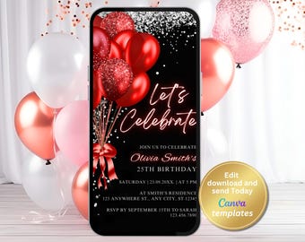 Digital Black Red Birthday Party Invitation, Red Glitter Balloons, Phone Text Message Evite, Editable Template, Instant Download