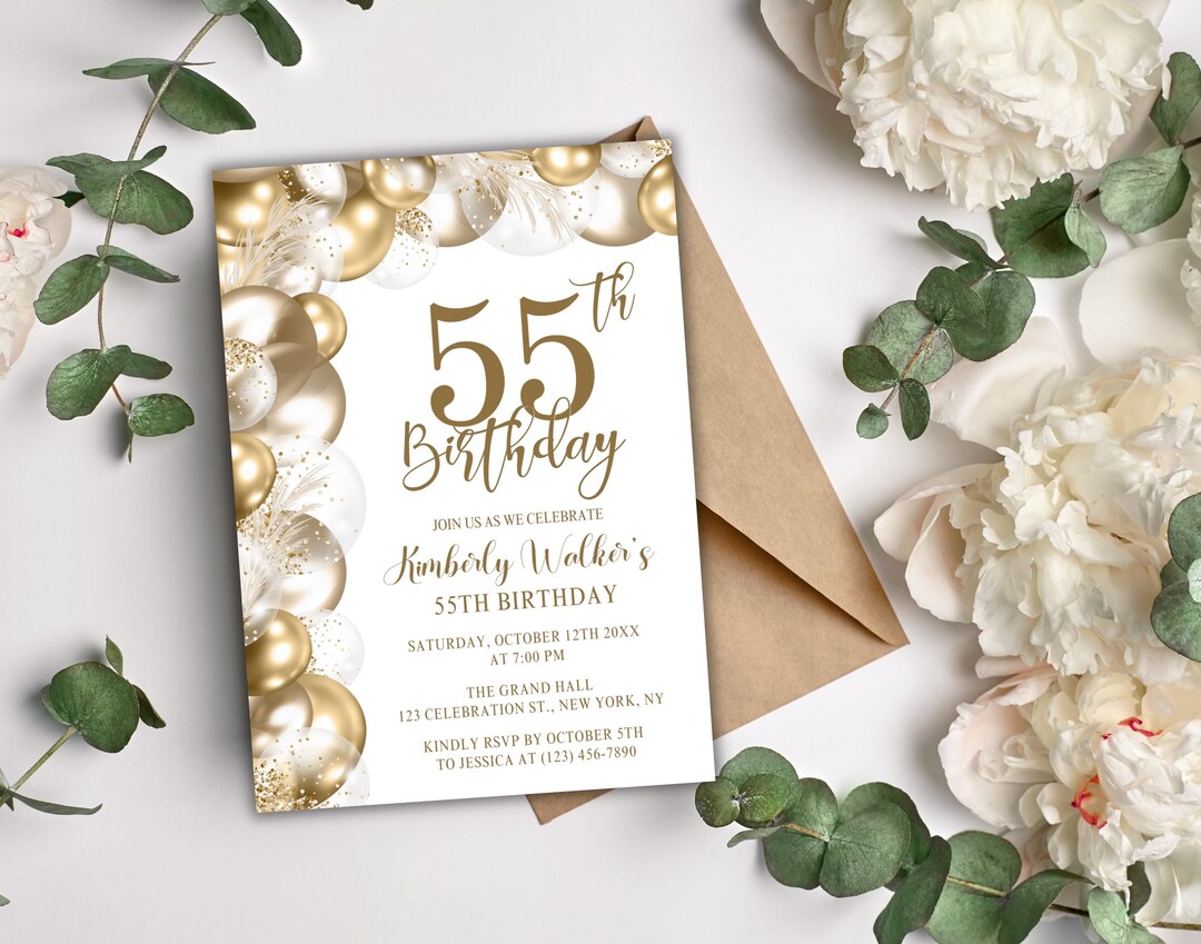 55th Birthday Invitation for Women White Gold Invite Editable Canva