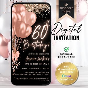 Bearbeitbare 60. Geburtstagseinladung für Frauen - Roségold Digitale Einladung - Elegantes Geburtstagsessen oder Brunch Evite - Sofort-Download-Vorlage