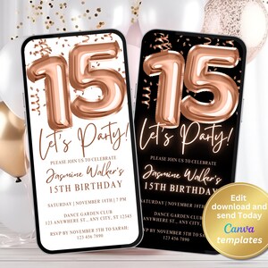 Invitación digital de cumpleaños número 15 en oro rosa para niñas, invitación móvil editable para cena o fiesta, descarga digital, invitación minimalista