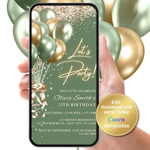 Invito digitale per festa di compleanno verde salvia, verde salvia oro, modello modificabile, qualsiasi età, Evite, download immediato, invito telefonico