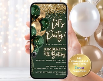 Emerald Green Gold Birthday Invitation Template, Digital Invite, Instant Download