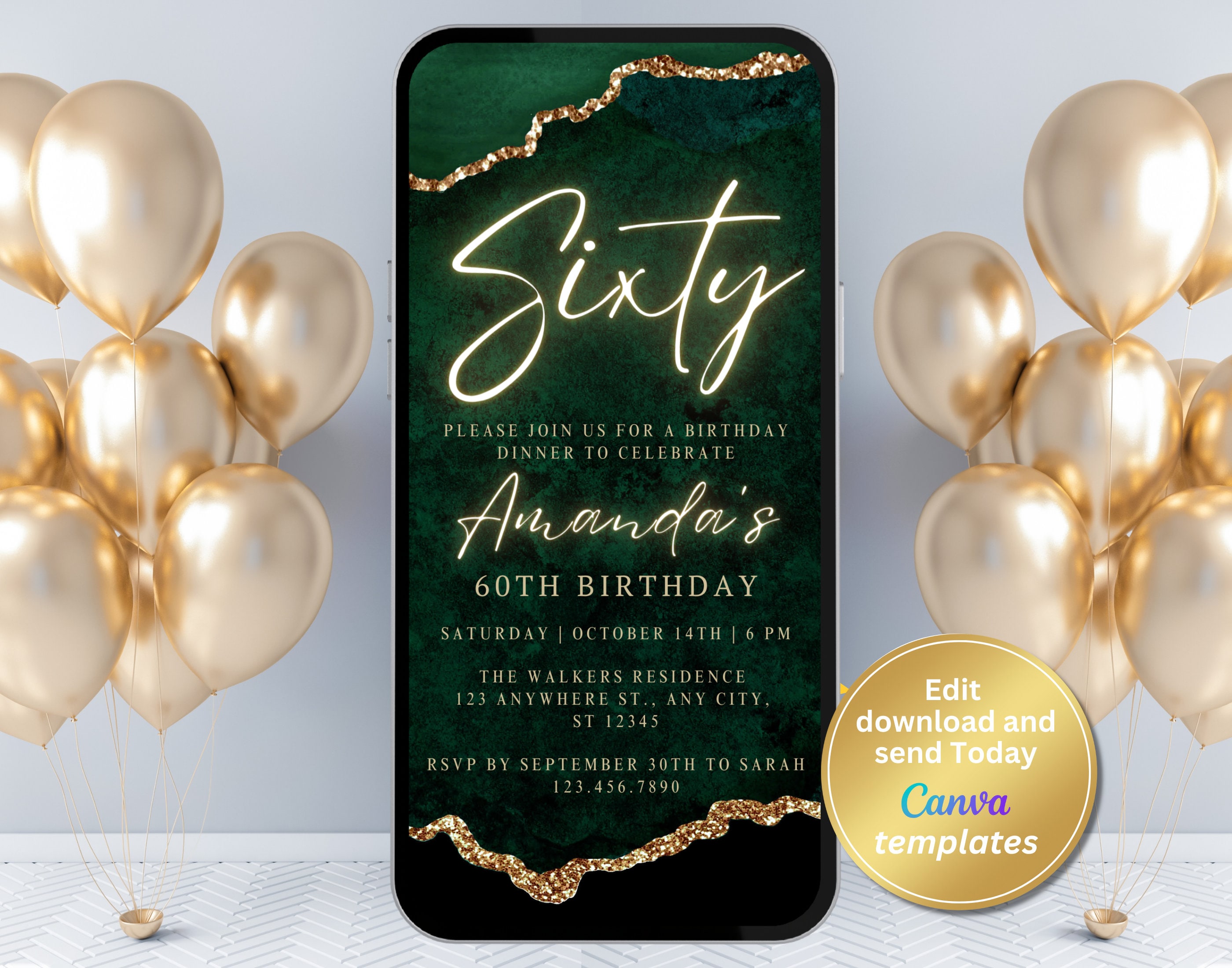 Digital Emerald Green Gold Agate 60th Birthday Invitation: Mobile Text Message Invite, Editable Template, Women's Birthday, Instant Download