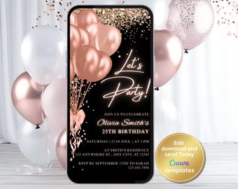 編集可能なブラックローズゴールドの誕生日パーティー招待状テンプレート、即時ダウンロード
