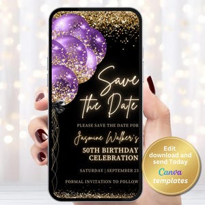 Zapisz datę w kolorze fioletowo-złotym, cyfrowe zaproszenie do edycji, natychmiastowe pobranie