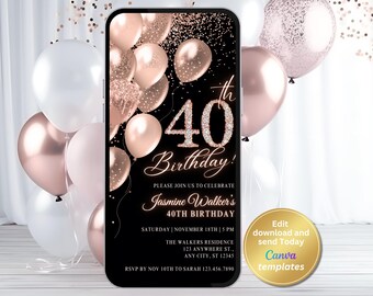 Roségouden 40e verjaardagsuitnodiging, sjabloon voor digitale telefoon voor vrouwen, Instant Download