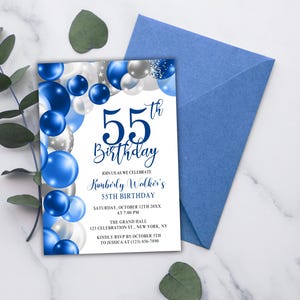 55th Birthday Invitation, Royal Blue Silver Editable 5x7 Template, Printable or Digital Invite for Men or Women – Any Age - Instant Download