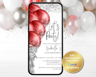 Digital Red White Birthday Party Invitation, Mobile Phone Invitation, Editable Template, Instant Download