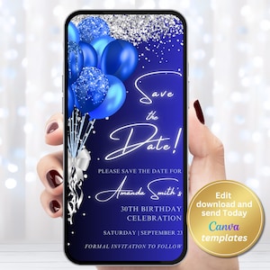 Digital Blue Silver Save The Date Invitation, Editable Template, Instant Download