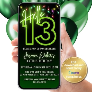 Hello 13 Digital Birthday Invitation - Green Neon 13th Birthday Party Invite - Editable Phone Invitation for Teens - Instant Download