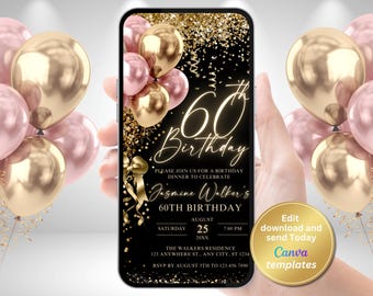 Digital 60th Birthday Dinner Invitation – Gold & Pink Balloons – Customizable Digital Invite for All Ages - Instant Download