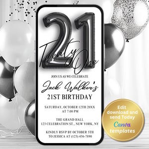 Invito minimalista per la festa del ventunesimo compleanno – Invito digitale moderno per la festa del ventunesimo compleanno / Invito modificabile in bianco e nero – Download immediato