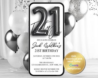 Minimalist 21st Birthday Invitation, Black and White Digital Evite, Instant Download