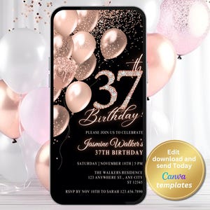 Digital 37th Birthday Party Invitation, Rose Gold Invite, Phone Text Message, Digital Invite, Editable Template, Instant Download