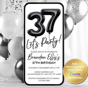 Minimalist 37th Birthday Invitation – Black & White Digital Phone Evite – Black Foil Balloon Numbers – Modern Phone Invitation Template