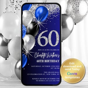 ロイヤルブルーの60歳の誕生日招待状 – シルバーダイヤモンドナンバー – エレガントで豪華なデジタルパーティー招待状 – 編集可能なテンプレート – すぐにダウンロード