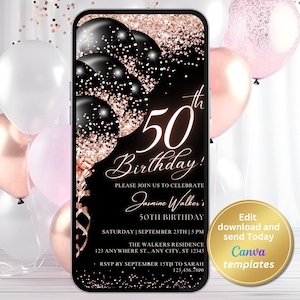 Puede incluir: Un teléfono inteligente muestra una invitación de 50 cumpleaños con detalles en negro y oro rosa. El diseño presenta globos negros con purpurina dorada y el texto "50th Birthday!". La invitación incluye detalles del evento y un botón de plantillas de Canva.