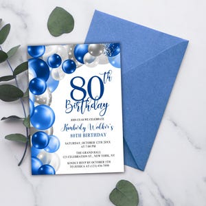 May include: An invitation for an 80th birthday celebration. The invitation features a white background with blue and silver balloons. The text reads "80th Birthday" in a script font, with event details and RSVP information.