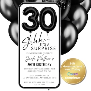 Könnte beinhalten: Eine digitale Einladung zum 30. Geburtstag mit schwarzen Ballon-Zahlen und dem Text "Shhh... Es ist eine Überraschung!" Die Einladung enthält Veranstaltungsdetails und RSVP-Informationen. Das Design ist vor einem Hintergrund aus schwarzen Ballons.