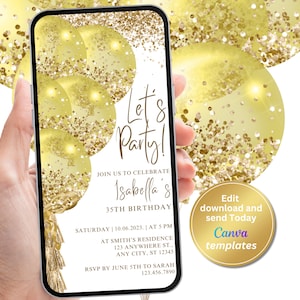 Digital White Yellow Birthday Party Invitation, Gold Glitter,  Electronic Phone Text Message Evite, Editable Template, Instant Download
