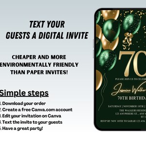 May include: A digital invitation for a 70th birthday party. The invitation features a green and gold color scheme with balloons and confetti. The text on the invitation reads "Please join us to celebrate Jasmine Walker's 70th Birthday." The invitation also includes the date, time, and location of the party, as well as an RSVP deadline.