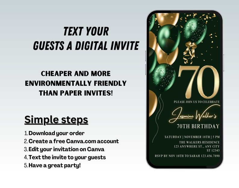 May include: A digital invitation for a 70th birthday party. The invitation features a green and gold color scheme with balloons and confetti. The text on the invitation reads "Please join us to celebrate Jasmine Walker's 70th Birthday." The invitation also includes the date, time, and location of the party, as well as an RSVP deadline.
