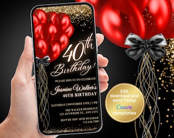 Digital Black Red 40th Birthday Invitation, Invitation for Women, Phone Text Message, Digital Invite, Editable Template, Instant Download