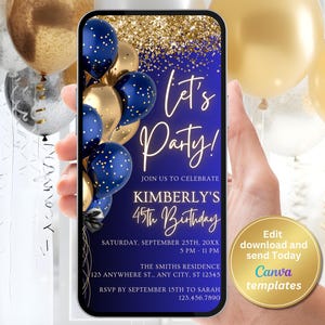 Faire-part de fête d'anniversaire numérique, modèle d'anniversaire élégant bleu royal et or, modifiable pour tout âge, texte téléphonique Evite, téléchargement immédiat