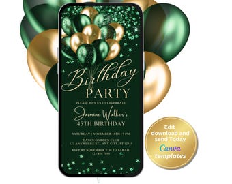 Geburtstagseinladung Smaragdgrün Gold, Elegante Luftballons, Canva Vorlage (Digital Invite)