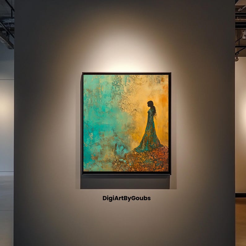 May include: Abstract painting of a woman in a long dress standing in front of a blue and gold background. The painting is framed in black and has the text "DigiArtByGoubs" below it.