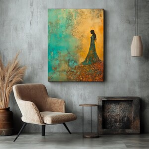 May include: Abstract painting of a woman in a long dress standing in front of a teal and gold background.