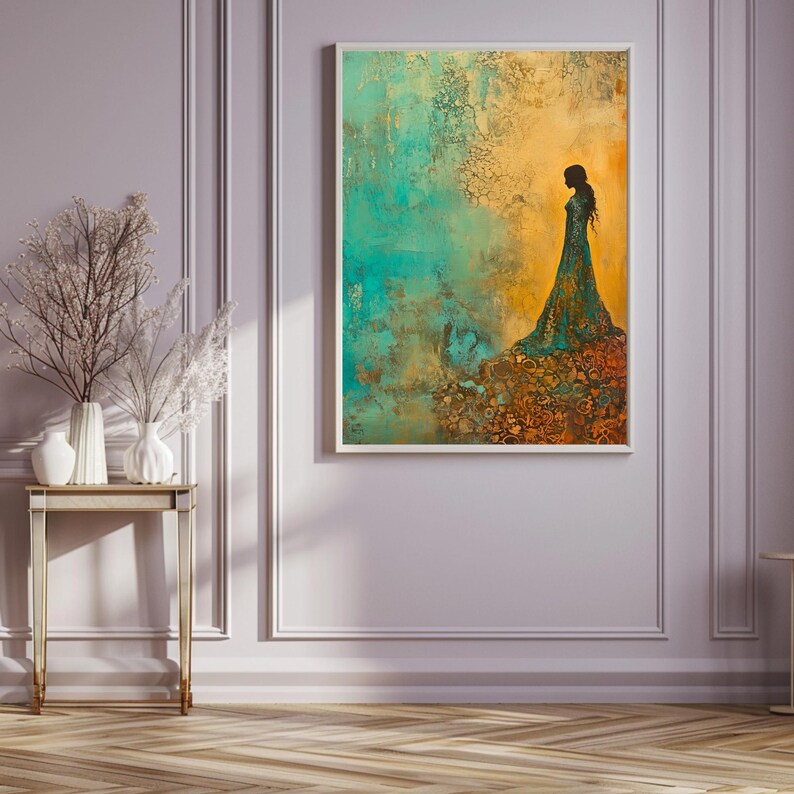May include: Abstract painting of a woman in a long dress standing on a rocky outcrop. The background is a mix of teal, gold, and brown colors.
