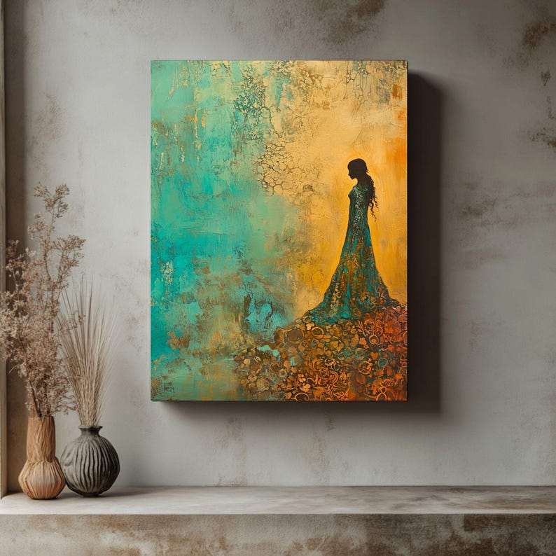 May include: A painting of a woman in a long, flowing dress standing on a textured, gold and teal background.