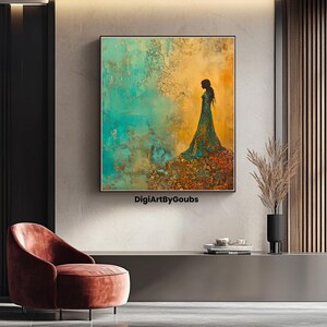 May include: Abstract painting featuring a silhouette of a person in a long dress standing in front of a teal and gold background. The painting has a textured, layered look.