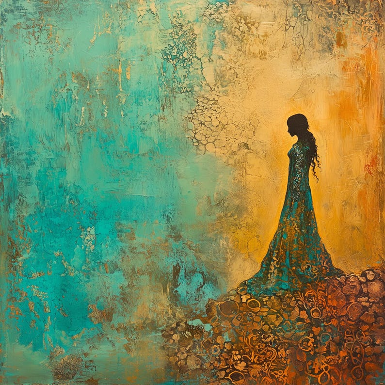 May include: Abstract painting of a woman in silhouette standing on a textured surface. The background is a mix of teal and gold.