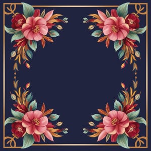 May include: A navy blue background with a gold frame features four corners decorated with floral arrangements. Each corner has a cluster of pink flowers with red accents and green leaves.