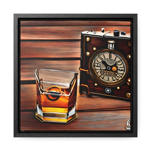 Steampunk Whiskey Clock Flask Rustic Bourbon Home Decor Wall Hanging Gallery Canvas Wraps, Wood Square Frame
