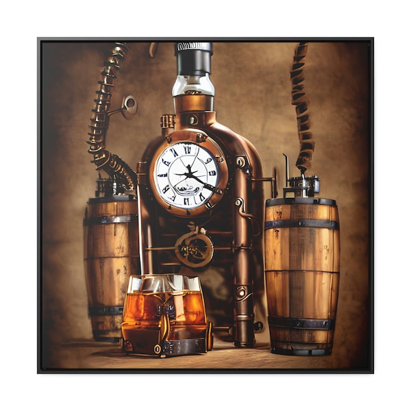 Steampunk Whiskey Rustic Bourbon Barrels Home Decor Wall Hanging Gallery Canvas Wraps, Wood Square Frame