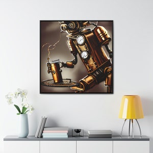 Steampunk Robot Bartender Whiskey Bourbon Man Cave Art Home Decor Gallery Canvas Wraps, Wood Square Frame