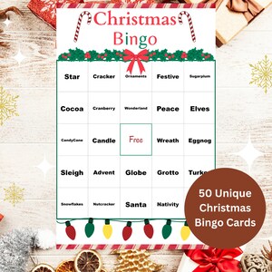 50 cartões de bingo de natal, jogo de bingo de natal imprimível para crianças, atividade de natal, divertido jogo de festa de natal, grande grupo, bingo de férias