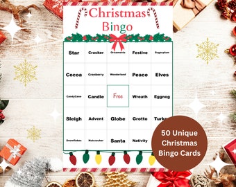 May include: A Christmas Bingo card with a red and white candy cane border. The card has a free space in the center and 24 other squares with Christmas-themed words like "Star", "Cocoa", "Candy Cane", "Sleigh", "Snowflakes", "Cracker", "Cranberry", "Candle", "Advent", "Nutcracker", "Ornaments", "Wonderland", "Free", "Globe", "Santa", "Festive", "Peace", "Wreath", "Nativity", "Sugarplum", "Elves", "Eggnog", "Grotto", and "Turkey". The card is surrounded by a brown background with a red and white striped border.