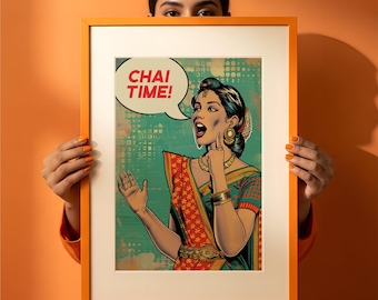 Chai Time Indian Art Print, Colorful Pop Style (Digital Download)